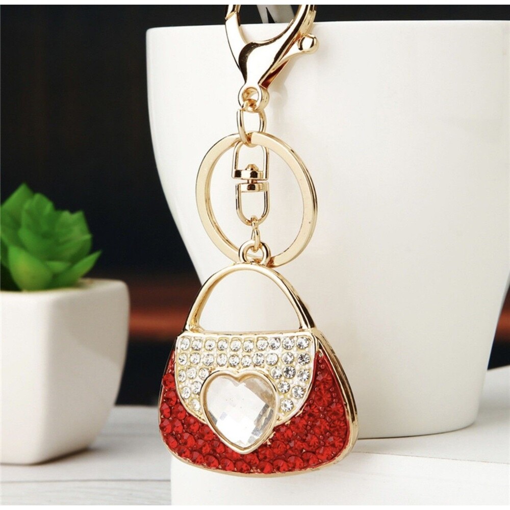 Red Rhinestone Handbag Keychain Gold Tone Heart Crystal Purse Bag Charm NEW